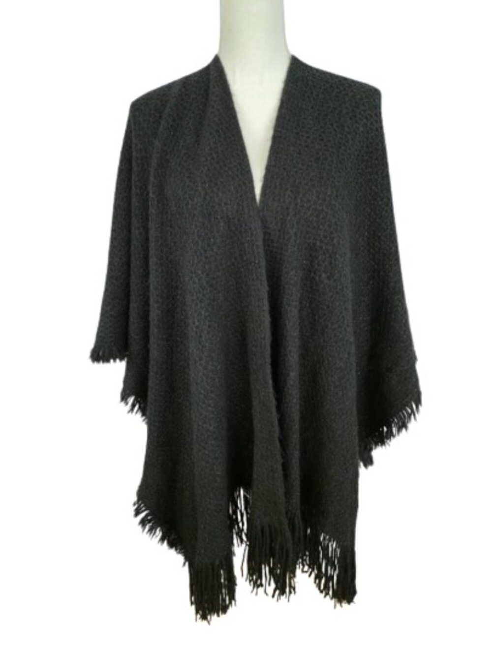 Black Metallic Fringe Knit Ruana Shawl Wrap OSFM